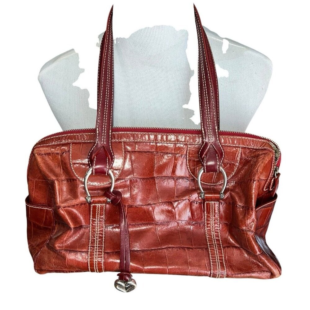 Brighton Alligator Embossed‎ Leather Shoulder Handbag Purse Bag Red Heart Charm